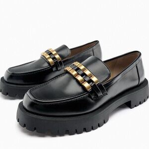 Zara lug sole loafers w gold chain detail size 38